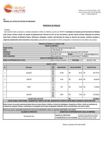PREGÃO ELETRÔNICO Nº 005/2025 - PROPOSTA - QUALY NUTRI SERVICOS DE ALIMENTACAO LTDA