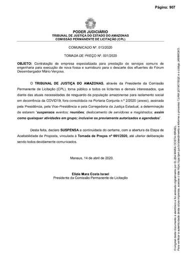 TOMADA DE PREÇOS Nº 001/2020 - COMUNICADO - SUSPENSÃO