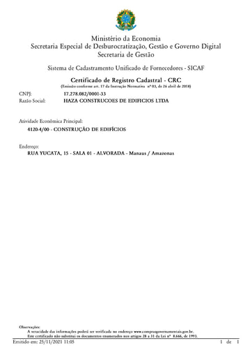 TOMADA DE PREÇOS Nº 003/2021 - SICAF E CNDT - HAZA