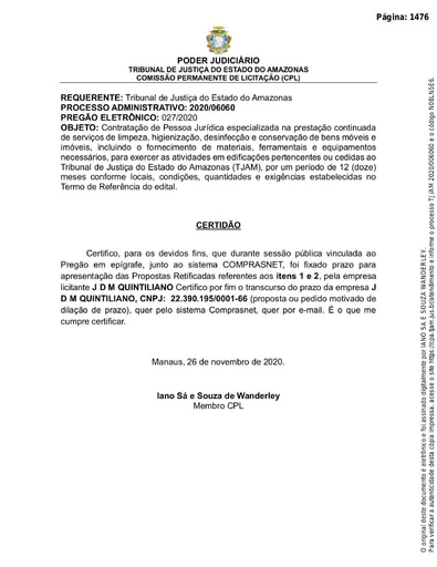 PREGÃO ELETRÔNICO Nº 027/2020 - CERTIDÃO DECURSO DE PRAZO ITENS 1 E 2 - J D M