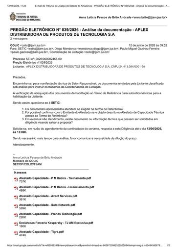 PREGÃO ELETRÔNICO Nº 039/2026 - DILIGÊNCIA COLIC À SETIC - DOCUMENTAÇÃO - APLEX DISTRIBUIDORA DE PRODUTOS DE TECNOLOGIA S.A