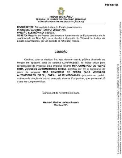PREGÃO ELETRÔNICO Nº 026/2020 - CERTIDÃO DECURSO DE PRAZO - MSA COMÉRCIO