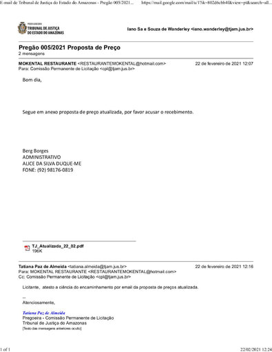 PREGÃO ELETRÔNICO Nº 005/2021 - PROPOSTA - ALICE DA SILVA DUQUE
