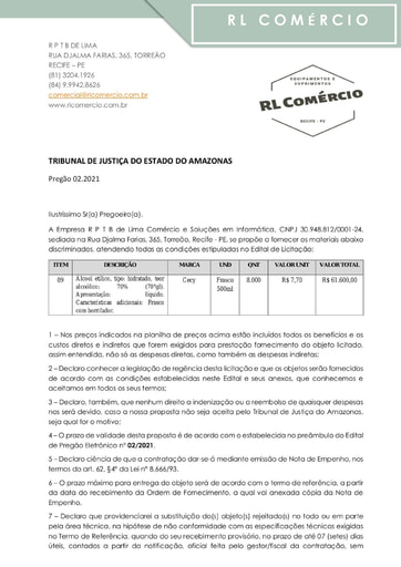 PREGÃO ELETRÔNICO Nº 002/2021 - PROPOSTA RETIFICADA - ITEM 9 - R P T B DE LIMA