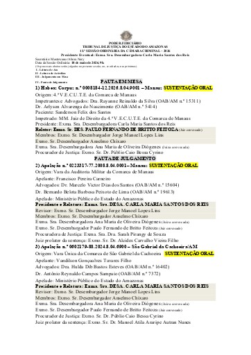 Pauta da Câmara Criminal - Sessão do dia 18 de maio de 2026, 9h.