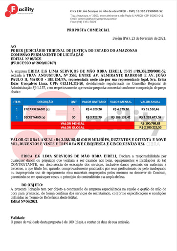 PREGÃO ELETRÔNICO Nº 006/2021 – PROPOSTA - ÉRICA