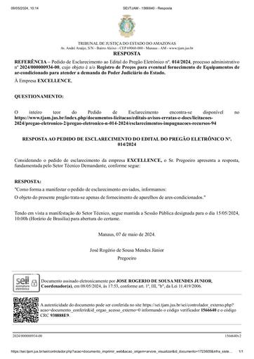 PREGÃO ELETRÔNICO Nº 014/2024 - RESPOSTA AO PEDIDO DE ESCLARECIMENTO - EXCELLENCE