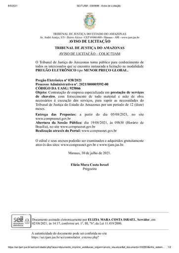 PREGÃO ELETRÔNICO Nº 038/2021 - AVISO DE LICITAÇÃO