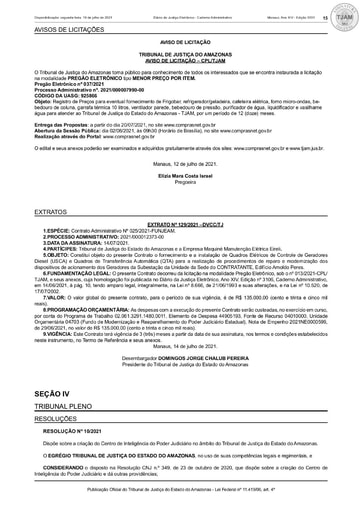 PREGÃO ELETRÔNICO Nº 037/2021 - AVISO DE LICITAÇÃO - DJE