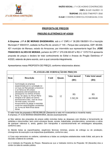 PREGÃO ELETRÔNICO Nº 004/2020 - PROPOSTA RETIFICADA 2 - J F A DE MORAIS CONSTRUÇÕES