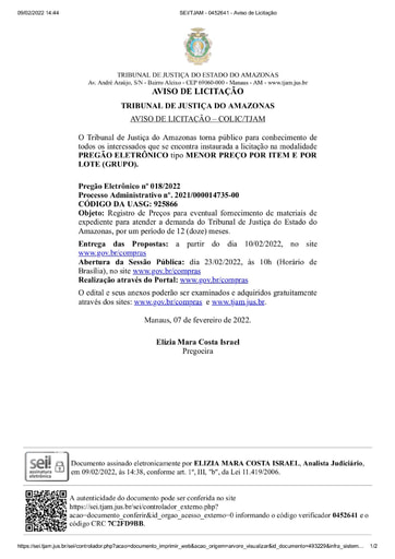 PREGÃO ELETRÔNICO Nº 018/2022 - AVISO DE LICITAÇÃO