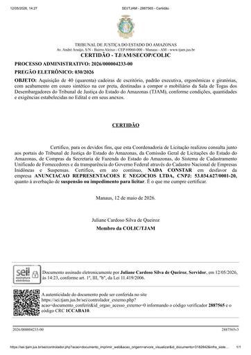 PREGÃO ELETRÔNICO Nº 030/2026 - CERTIDÃO NADA CONSTA - ANUNCIACAO REPRESENTACOES E NEGOCIOS LTDA