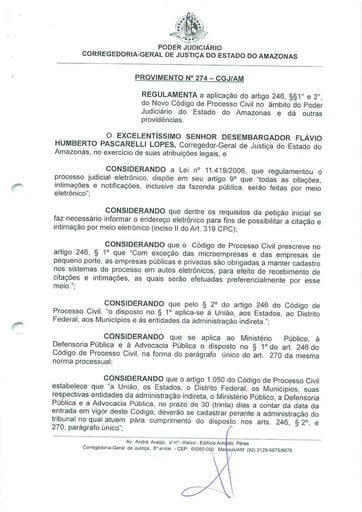 PROVIMENTO 274 - Regulamenta a aplicação do artigo 246, §§ 1º e 2º do novo CPC no âmbito do Poder Judiciário do Estado do Amazonas