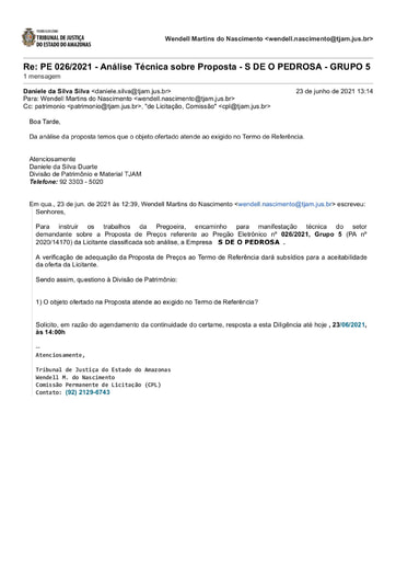 PREGÃO ELETRÔNICO Nº 026/2021 - DILIGÊNCIA CPL À DIVISÃO DE PATRIMÔNIO - PROPOSTA - GRUPO 5 - S DE O PEDROSA