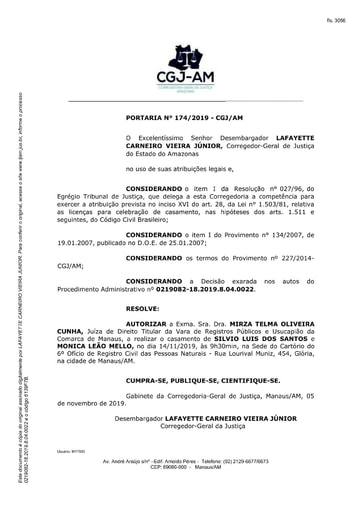 Portaria nº174/2019-CGJ/AM (Autoriza a Dra. Mirza Telma Oliveira Cunha a realizar o casamento no dia 14/11/2019)
