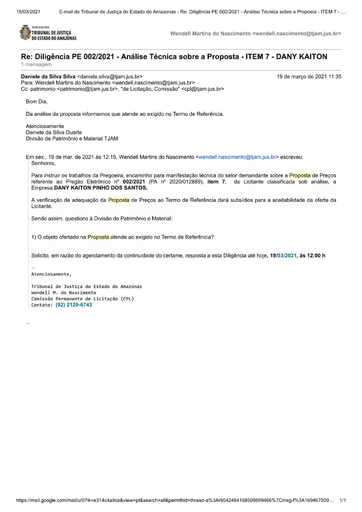 PREGÃO ELETRÔNICO Nº 002/2021 – DILIGÊNCIA CPL À DIVISÃO DE PATRIMÔNIO E MATERIAL - PROPOSTA - ITEM 7 - DANY KAITON