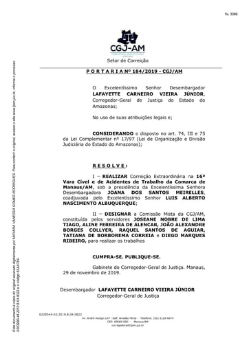Portaria nº184/2019-CGJ/AM (Realiza Correição Extraordinária na 16ª Vara Cível e de Acidentes de Trabalho da Comarca de Manaus/AM)