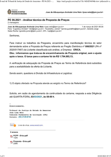 PREGÃO ELETRÔNICO Nº 006/2021 – DILIGÊNCIA CPL Á DIVISÃO DE INFRAESTRUTURA E LOGÍSTICA - PROPOSTA - ÉRICA