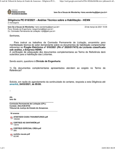 PREGÃO ELETRÔNICO Nº 010/2021 - DILIGÊNCIA CPL À DIVISÃO DE ENGENHARIA - DOCUMENTOS COMPLEMENTARES - HENN