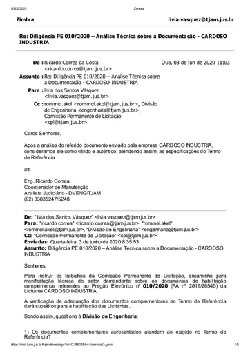 PREGÃO ELETRÔNICO Nº 010/2020 - DILIGÊNCIA CPL À DIVISÃO DE ENGENHARIA - DOCUMENTAÇÃO - CARDOSO INDUSTRIA