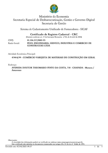 PREGÃO ELETRÔNICO Nº 014/2021 - HABILITAÇÃO - SICAF E CNDT - GRUPOS 2 E 5 - POOL ENGENHARIA
