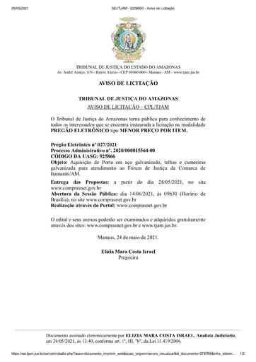 PREGÃO ELETRÔNICO Nº 027/2021 - AVISO DE LICITAÇÃO