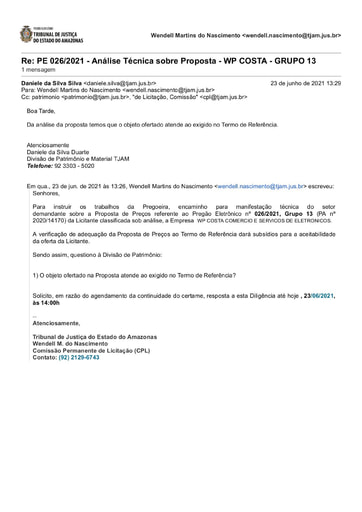 PREGÃO ELETRÔNICO Nº 026/2021 - DILIGÊNCIA CPL À DIVISÃO DE PATRIMÔNIO - PROPOSTA - GRUPO 13 - WP COSTA