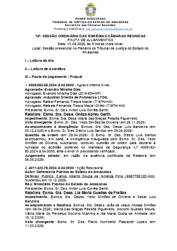 15ª Sessão Ordinária de Julgamento das E. Câmaras Reunidas - 13.05.2026, às 9:00 (hora local)
