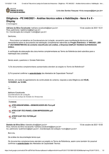 PREGÃO ELETRÔNICO Nº 46/2021 - DILIGÊNCIA COLIC À DIVISÃO DE PATRIMÔNIO - DOCUMENTAÇÃO - ITENS 6 E 8 - DISPLAY