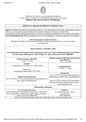 TOMADA DE PREÇOS Nº 005/2021 - EDITAL DE LICITAÇÃO