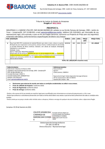 PREGÃO ELETRÔNICO Nº 002/2021 - PROPOSTA RETIFICADA - ITEM 2 - INDUSTRIAS H