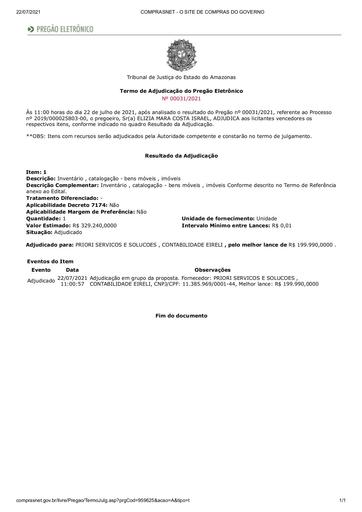 PREGÃO ELETRÔNICO Nº 031/2021 - TERMO DE ADJUDICAÇÃO
