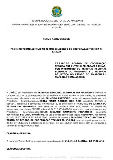 PRIMEIRO TERMO ADITIVO AO TERMO DE ACORDO DE COOPERAÇÃO TÉCNICA N° 13.2024 - TJAM x TRE.AM.pdf