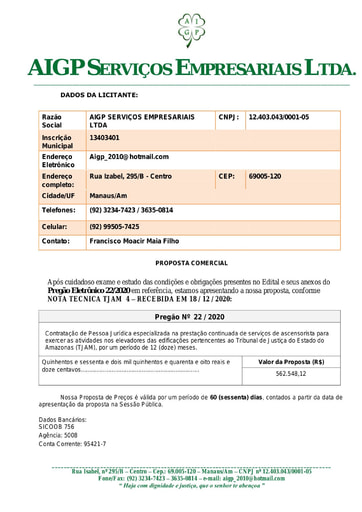 PREGÃO ELETRÔNICO Nº 022/2020 - PROPOSTA RETIFICADA 4 - AIGP