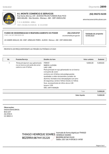 PREGÃO ELETRÔNICO Nº 027/2021 - PROPOSTA - ITEM 1 - THS