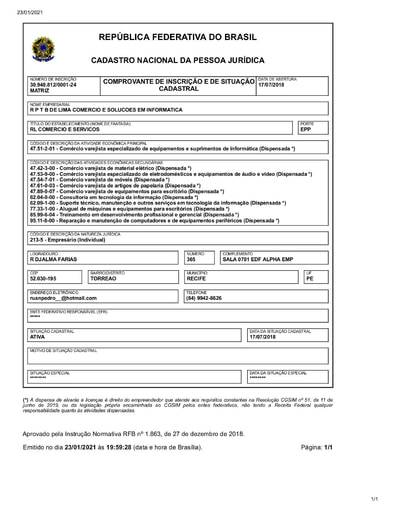 PREGÃO ELETRÔNICO Nº 002/2021 - HABILITAÇÃO - DOCUMENTOS COMPLEMENTARES - ITENS 8 E 10 - R P T B DE LIMA