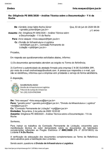 PREGÃO ELETRÔNICO Nº 009/2020 – DILIGÊNCIA CPL À DIVISÃO DE INFRAESTRUTURA E LOGÍSTICA - DOCUMENTAÇÃO - Y A DA ROCHA