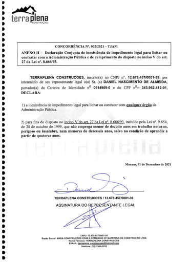 CONCORRÊNCIA Nº 002/2021 - DECLARAÇÕES - MADA - TERRAPLENA