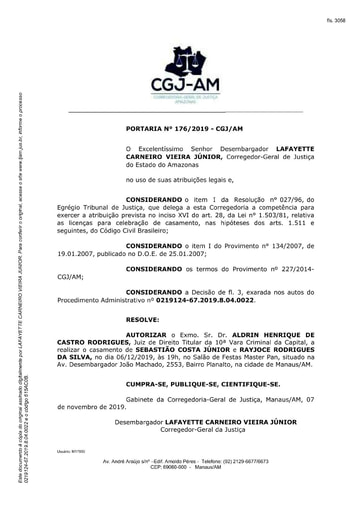 Portaria nº176/2019-CGJ/AM (Autoriza o Dr. Aldrin Henrique de Castro Rodrigues a realizar o casamento no dia 06/12/2019)