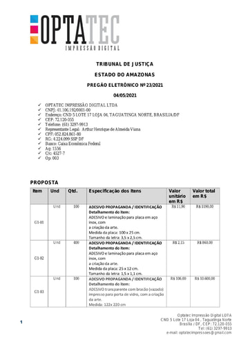 PREGÃO ELETRÔNICO Nº 023/2021 – PROPOSTA - OPTATEC - GRUPOS 1, 3, 5, 8 e ITENS 69, 70 e 71