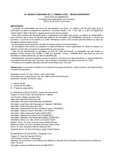 16a Sessão Ordinária da Terceira Câmara Cível - VIA VIDEOCONFERÊNCIA - Data: 22.05.2023 Hora: 09:00 Horas