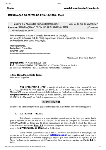 PREGÃO ELETRÔNICO Nº 012/2020 – IMPUGNAÇÃO -  T N NETO EIRELI