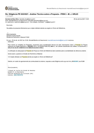 PREGÃO ELETRÔNICO Nº 022/2021 – DILIGÊNCIA CPL À DIVISÃO DE PATRIMÔNIO - PROPOSTA - ITEM 3 - M.J. GRIJO