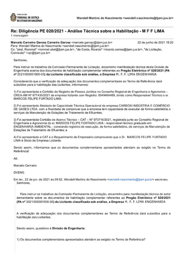 PREGÃO ELETRÔNICO Nº 028/2021 - DILIGÊNCIA CPL À DIVISÃO DE ENGENHARIA - DOCUMENTOS COMPLEMENTARES - M F F LIMA