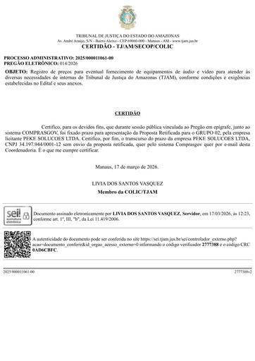 PREGÃO ELETRÔNICO Nº 014/2026 - CERTIDÃO DECURSO DE PRAZO - PROPOSTA - PEKE - G2