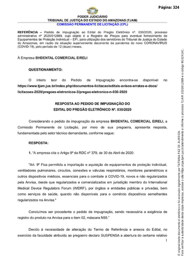PREGÃO ELETRÔNICO Nº 030/2020 - RESPOSTA AO PEDIDO DE IMPUGNAÇÃO - BHDENTAL COMERCIAL