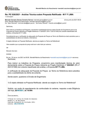 PREGÃO ELETRÔNICO Nº 028/2021 - DILIGÊNCIA CPL À DIVISÃO DE ENGENHARIA - PROPOSTA RETIFICADA - M. F. F. LIMA