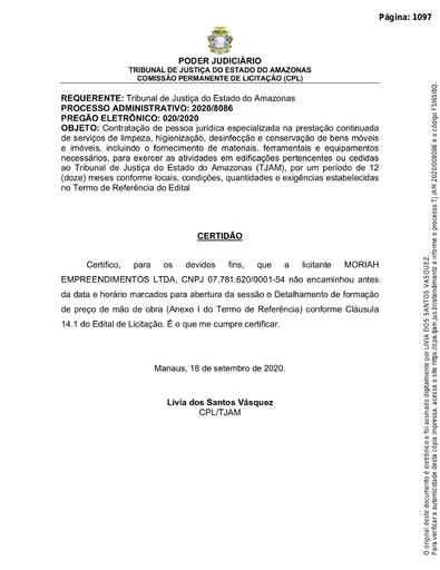 PREGÃO ELETRÔNICO Nº 020/2020 - CERTIDÃO - MORIAH