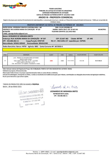 PREGÃO ELETRÔNICO Nº 023/2021 – PROPOSTA - SPEEDGRAF - ITEM 77