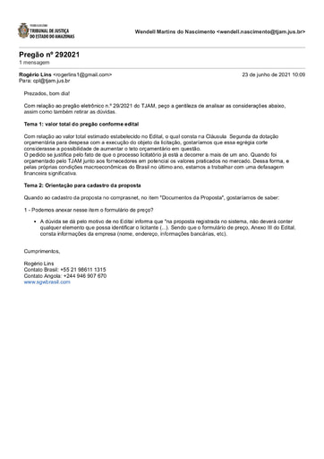 PREGÃO ELETRÔNICO Nº 029/2021 - PEDIDO DE ESCLARECIMENTO - SGW BRASIL